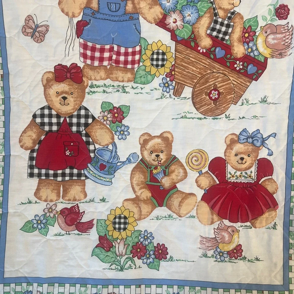 Vintage Teddy Bear Garden Quilted Baby Blanket Floral Picket Fence Nursery Blue